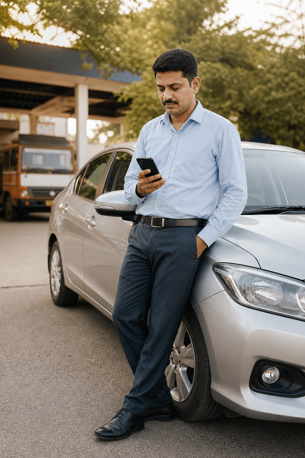Driver checking TravelOS duty details while safely parked