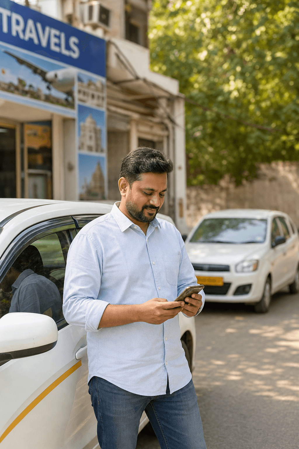 Travel business owner using TravelOS on a smartphone beside a vehicle