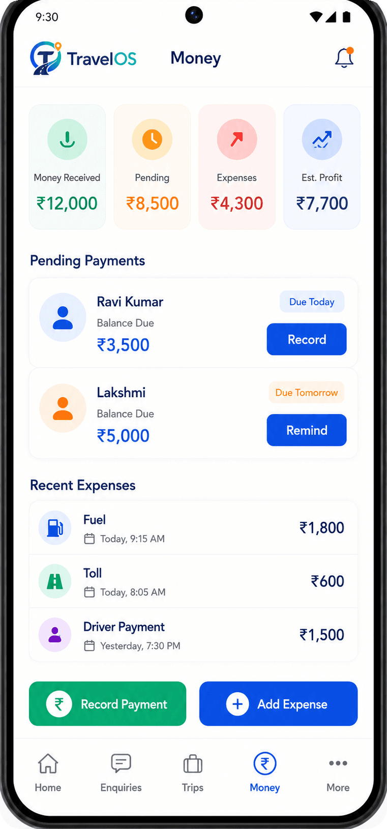 TravelOS money dashboard